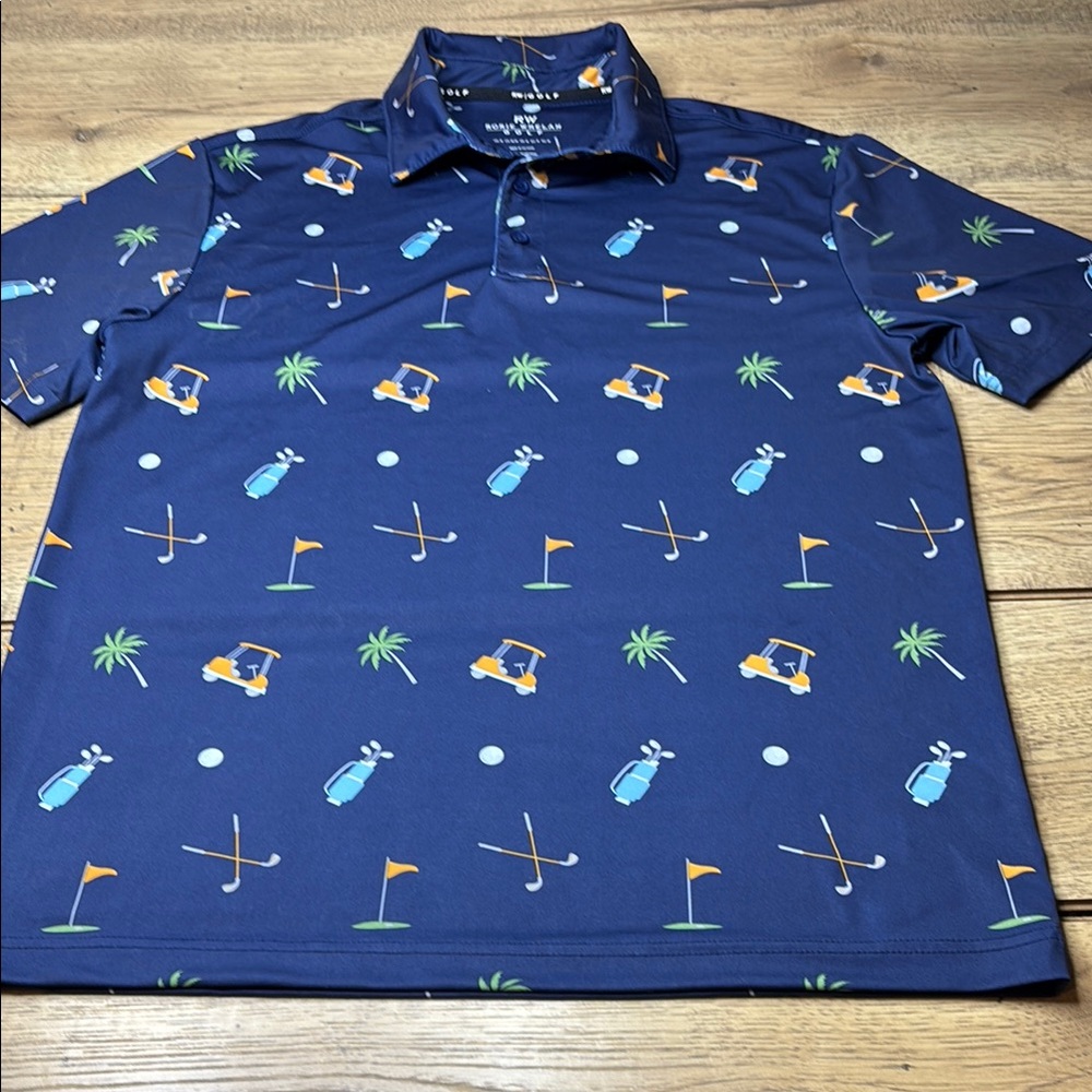Men’s Rorie Whelan Navy Golf Print Polo Shirt Size Medium